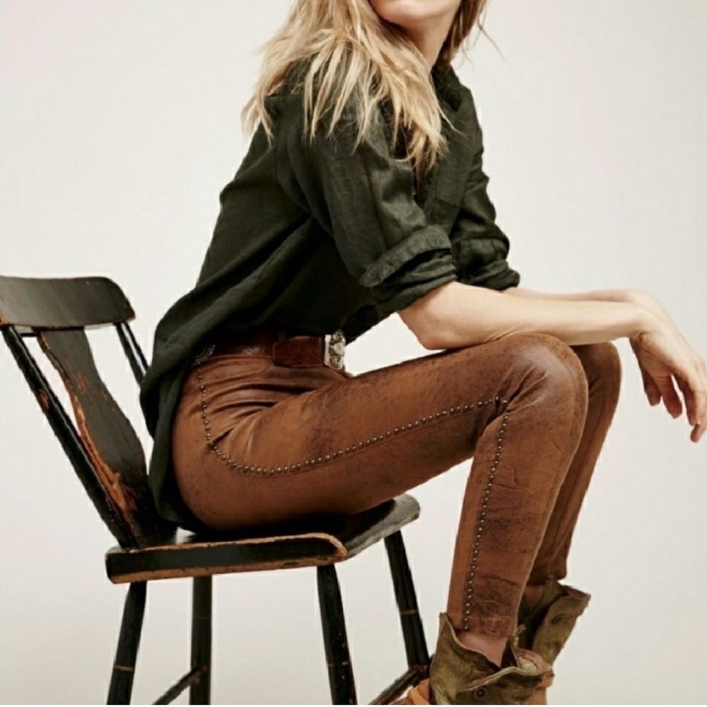 Free people, Brown, faux, leather/suede distressed studded zip ankle leggings 12